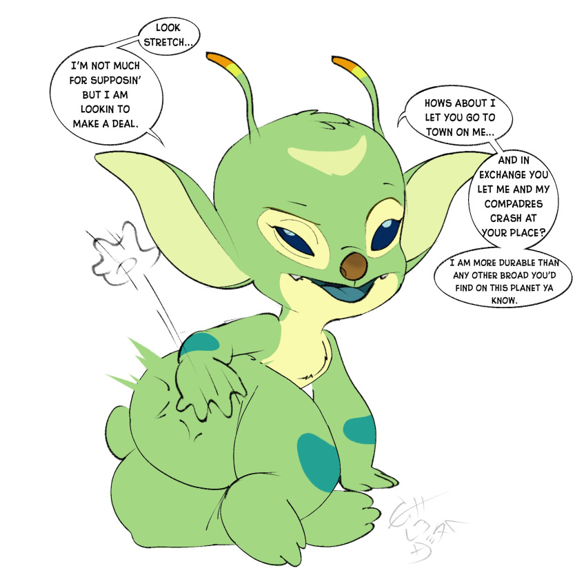 alien ambiguous_gender antennae_(anatomy) anthro blue_sclera blue_tongue bonnie_(lilo_and_stitch) bubble_butt butt butt_slap cii_(artist) color-it-in_(artist) countershading dialogue disney english_text fangs flat_colors fur green_body green_fur hi_res humanoid lilo_and_stitch linked_speech_bubble looking_at_viewer motion_lines narrowed_eyes nude_ambiguous nude_anthro open_mouth short_tail signature simple_background slap slapping_own_butt slapping_self smacking_ass solo speech_bubble spots tail teeth text tongue white_background yellow_body yellow_fur yellow_inner_ear