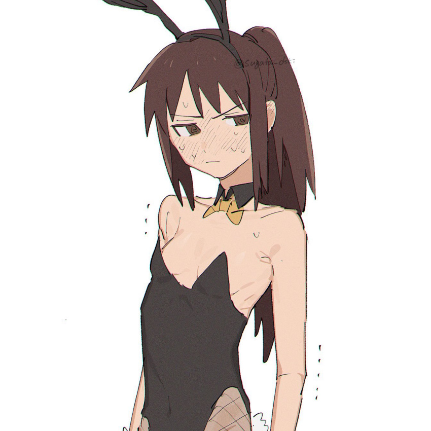 1girl @_@ alternate_costume animal_ears averting_eyes black_leotard blush bow bowtie breasts brown_eyes brown_hair closed_mouth detached_collar fake_animal_ears highres kyonko leotard playboy_bunny ponytail simple_background small_breasts solo strapless strapless_leotard sugata_dski suzumiya_haruhi_no_yuuutsu sweat upper_body white_background yellow_bow yellow_bowtie