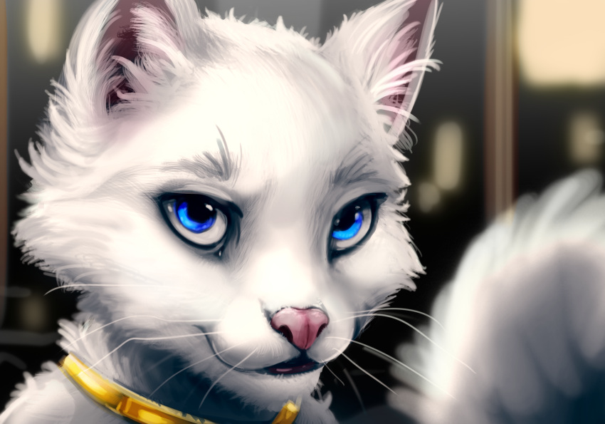 2023 blue_eyes collar disney domestic_cat duchess_(aristocats) felid feline felis female feral fluffy fur gold_(metal) gold_collar hi_res looking_at_viewer mammal metal_collar pink_nose solo the_aristocats tonal_drawing whiskers white_body white_fur wugi