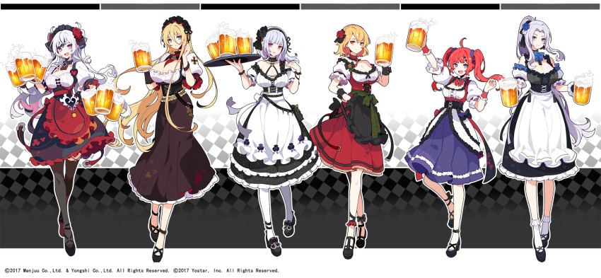 6+girls ahoge alternate_costume azur_lane bismarck_(azur_lane) black_footwear black_thighhighs blonde_hair blue_eyes blue_hair breasts cleavage closed_mouth commentary_request cup dido_(azur_lane) elbe_(azur_lane) flower forehead full_body hair_between_eyes hair_flower hair_ornament high_heels highres holding holding_cup holding_plate honolulu_(azur_lane) ideolo large_breasts long_hair looking_at_viewer maid mary_janes medium_hair multiple_girls official_art open_mouth pantyhose plate ponytail prince_of_wales_(azur_lane) puffy_short_sleeves puffy_sleeves red_eyes shoes short_hair short_sleeves sidelocks smile socks standing striped striped_socks thighhighs twintails vertical-striped_socks vertical_stripes white_hair white_pantyhose white_socks yorktown_(azur_lane)
