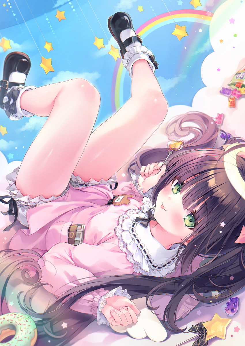 1girl angel angel_wings black_footwear black_hair blush breasts candy cloud doughnut dress food frilled_dress frills full_body green_eyes hair_ornament halo highres holding holding_candy holding_food legs_up lollipop long_hair looking_at_viewer original pink_dress rainbow rubi-sama shorts small_breasts socks solo star_(symbol) white_socks wings