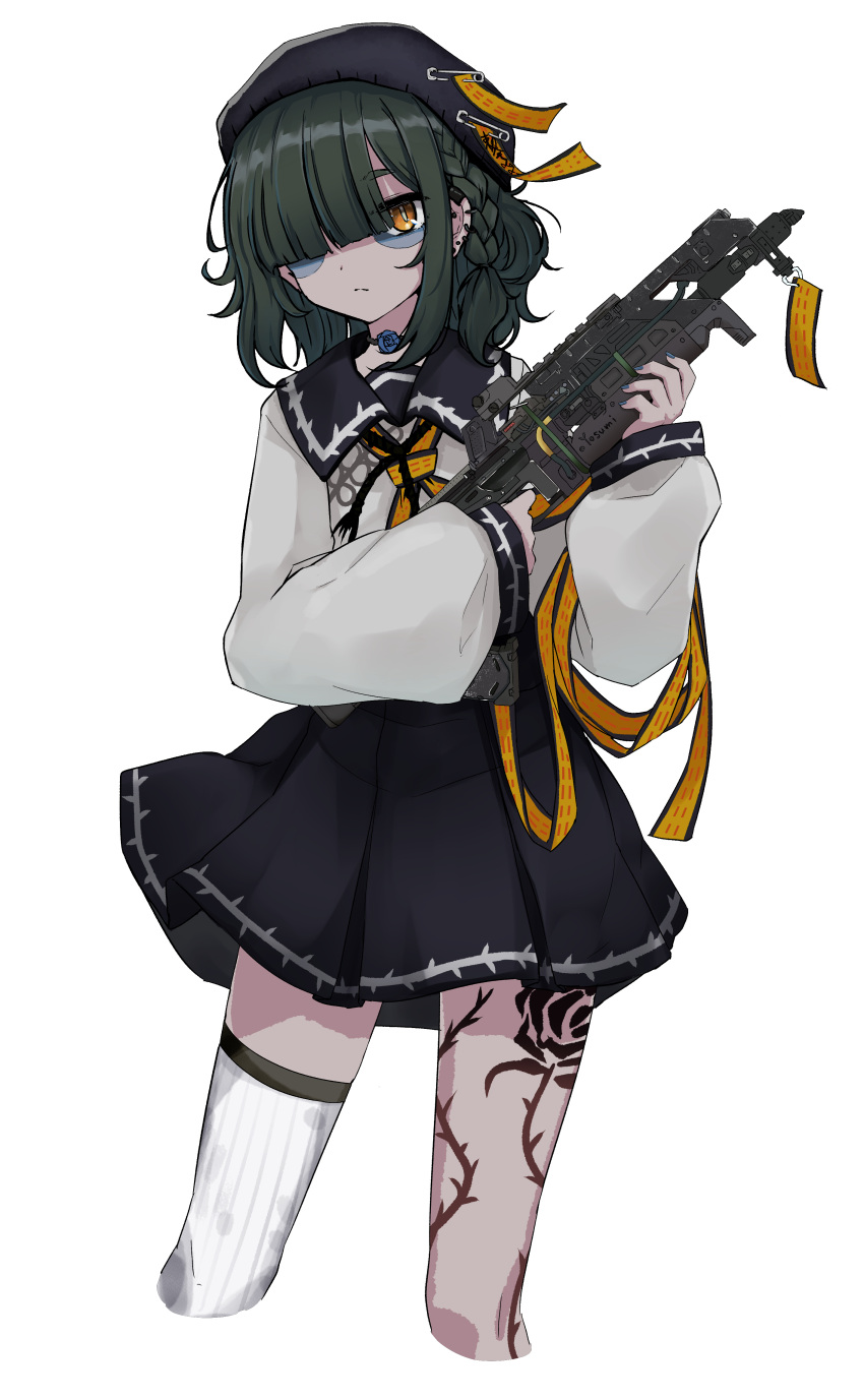 1girl absurdres bags_under_eyes beret black_headwear black_sailor_collar black_skirt blue_flower blue_rose braid closed_mouth colored_skin commentary_request cropped_legs earrings flower green_hair grey_skin gun hands_up hat highres holding holding_gun holding_weapon indie_virtual_youtuber jewelry jiangshi kasa_kasa_(enkasa) leg_tattoo long_sleeves looking_at_viewer neckerchief official_alternate_costume one_eye_covered pleated_skirt puffy_long_sleeves puffy_sleeves rose sailor_collar school_uniform serafuku shirt side_braid simple_background single_thighhigh skirt solo standing tattoo thighhighs transparent_background virtual_youtuber weapon white_shirt white_thighhighs yellow_eyes yellow_neckerchief yosumi_(vtuber)