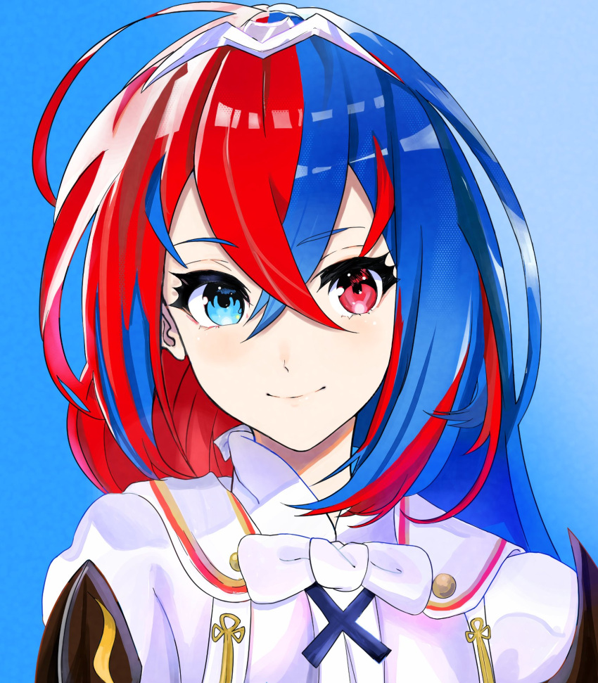 1girl alear_(female)_(fire_emblem) alear_(fire_emblem) blue_background blue_eyes blue_hair closed_mouth crossed_bangs english_commentary fire_emblem fire_emblem_engage glassschicken gradient_background heterochromia highres light_smile long_hair looking_at_viewer multicolored_hair portrait red_eyes red_hair smile solo two-tone_hair