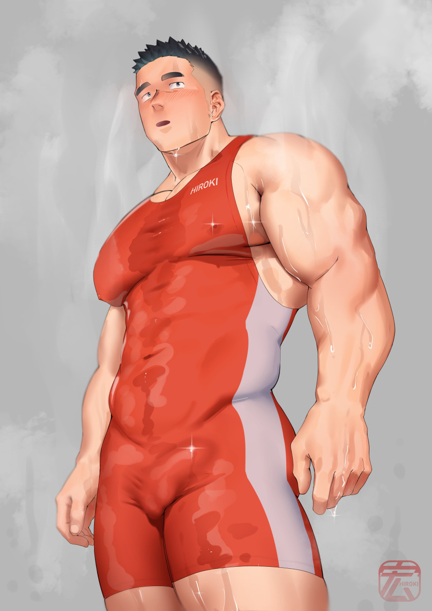 1boy absurdres artist_name bara black_hair blush bodysuit bulge commentary_request covered_nipples covered_testicles cowboy_shot erection erection_under_clothes from_below highres hiroki_bzdsk large_pectorals male_focus muscular muscular_male open_mouth original pectoral_cleavage pectorals red_bodysuit short_hair sideburns simple_background singlet solo sparkling_sweat standing steaming_body sweat sweatdrop sweaty_clothes thick_eyebrows thick_thighs thighs undercut very_sweaty wrestling_outfit wrestling_singlet