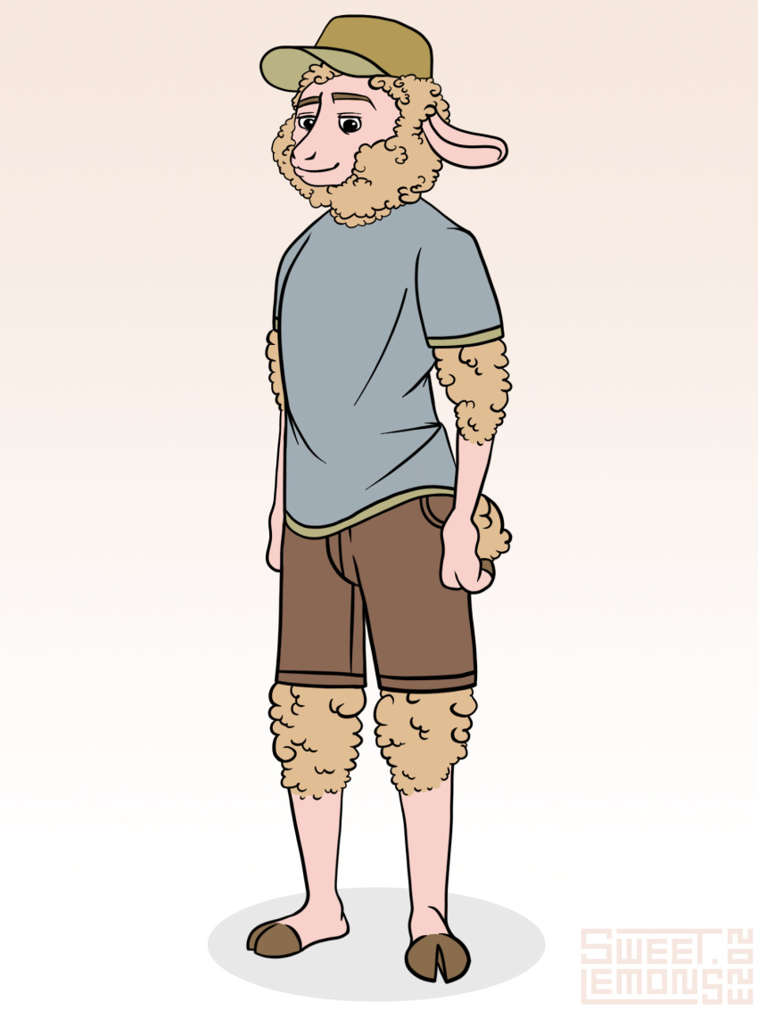 2023 3:4 anthro blue_clothing blue_top blue_topwear bottomwear bovid brown_bottomwear brown_clothing brown_pants caprine clothed clothing curled_hair curled_tail digital_drawing_(artwork) digital_media_(artwork) digital_painting_(artwork) domestic_sheep eyebrows fingers fur gareth_(zootopia) gradient gradient_background green_clothing hair hat headgear headwear hi_res hooved_fingers hooves long_ears looking_at_viewer male mammal pants shaded shadow sheep shirt shorts signature simple_background simple_coloring simple_eyes simple_shading smile solo standing sweet.lemons t-shirt tail tan_background topwear white_background wool_(fur)
