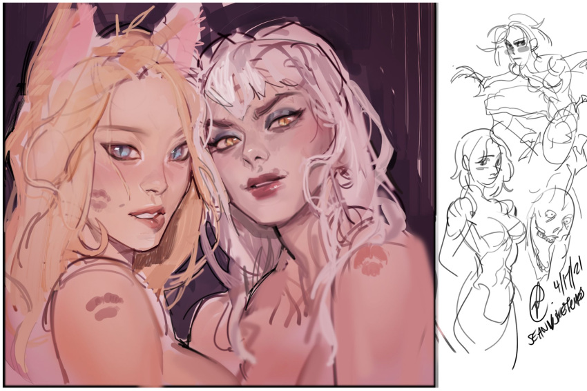 2girls ahri_(league_of_legends) animal_ears asymmetrical_bangs bare_shoulders biting blonde_hair blue_eyes blue_eyeshadow blush breasts dated demon demon_girl evelynn_(league_of_legends) eyeshadow fox_ears fox_girl highres kiss league_of_legends lip_biting long_hair looking_at_viewer makeup medium_breasts messy_hair multiple_girls parted_lips red_lips seansketches sidelocks signature slit_pupils the_baddest_ahri the_baddest_evelynn unfinished upper_body white_hair yellow_eyes yuri