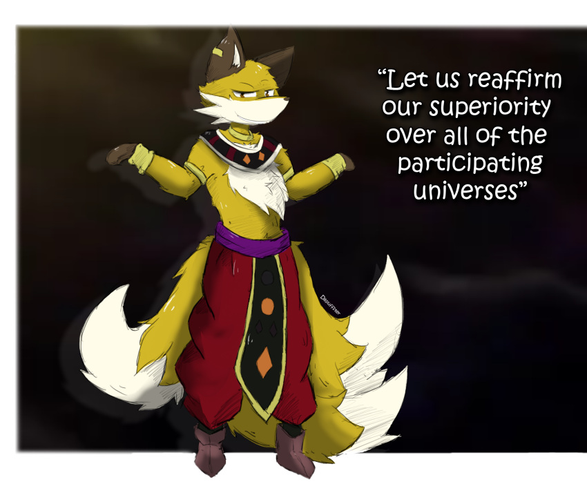 2017 3_tails alpha_channel anthro artist_name biped black_background brown_eyes canid canine chest_tuft clothed clothing dapuffster dipstick_tail dragon_ball dragon_ball_super ear_piercing english_text fox front_view full-length_portrait fur hi_res liquiir looking_at_viewer male mammal markings multi_tail multicolored_body multicolored_fur piercing portrait simple_background solo tail tail_markings text topless tuft two_tone_body two_tone_fur white_body white_fur yellow_body yellow_fur