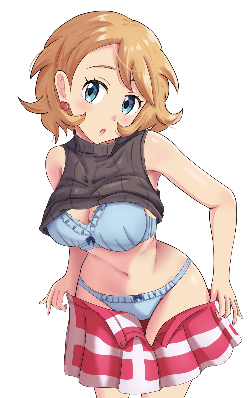 1girl absurdres bare_shoulders blue_bra blue_eyes blue_panties bra breasts brown_hair cleavage earrings head_tilt highres jewelry large_breasts looking_at_viewer maho_(corotonton5150) miniskirt navel open_mouth panties partially_undressed pokemon pokemon_(anime) pokemon_(game) pokemon_xy serena_(pokemon) short_hair skirt sleeveless sleeveless_turtleneck solo thighs turtleneck underwear undressing white_background
