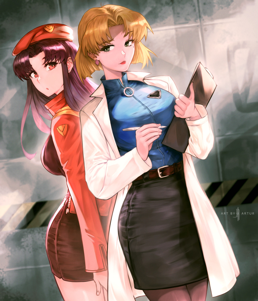 2girls absurdres akagi_ritsuko back-to-back belt beret black_dress blonde_hair blue_skirt clipboard dress earrings hat highres j._artur jacket jewelry katsuragi_misato lab_coat mole mole_under_eye multiple_girls neon_genesis_evangelion pantyhose pen purple_hair skirt