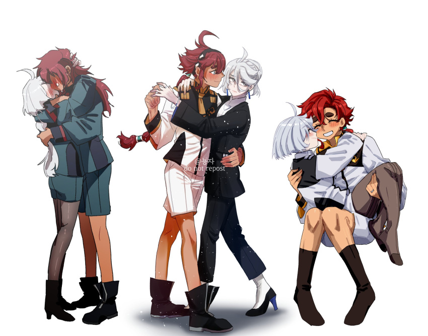 2girls ahoge asticassia_school_uniform blush boots carrying closed_eyes couple dancing earrings grey_hair gundam gundam_suisei_no_majo hair_down hairband high_heels highres hug jewelry kiss korean_commentary long_hair looking_at_viewer miorine_rembran multiple_girls multiple_views no_shoes nyong-choi official_alternate_hair_length official_alternate_hairstyle pantyhose ponytail princess_carry red_hair ring school_uniform short_hair shorts simple_background smile socks suit suletta_mercury thick_eyebrows wedding_ring white_background wife_and_wife
