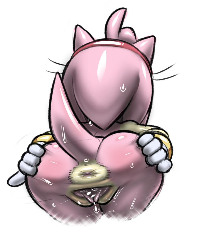 2023 accessory amy_rose anthro anus bodily_fluids butt clothing eulipotyphlan female genital_fluids genitals gloves hair hair_accessory hairband handwear hedgehog hi_res is_(artist) mammal multicolored_body pink_body pink_hair pussy pussy_juice sega simple_background solo sonic_the_hedgehog_(series) spread_anus spread_butt spread_pussy spreading sweat tan_body two_tone_body