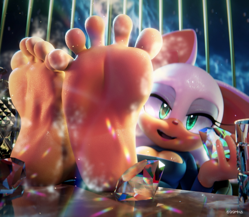 2023 3d_(artwork) 5_toes 699mha anthro bat breasts cleavage clothed clothing diamond_(gem) digital_media_(artwork) eyelashes feet female fingers foot_focus gem hi_res holding_object humanoid_feet looking_at_viewer mammal musk plantigrade rouge_the_bat sega signature soles solo sonic_the_hedgehog_(series) tan_body tan_skin toes