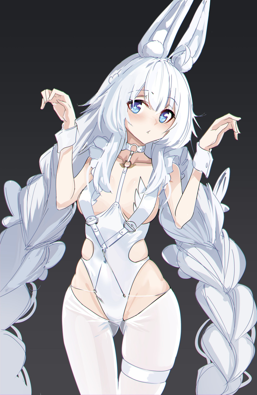 +_+ 1girl absurdres ahoge animal_ears ass_visible_through_thighs azur_lane blue_eyes braid breast_curtains breasts choker collarbone cowboy_shot cross-shaped_pupils crotchless crotchless_pantyhose fake_animal_ears groin hands_up highres le_malin_(azur_lane) le_malin_(listless_lapin)_(azur_lane) leotard light_blush long_hair nontraditional_playboy_bunny nstch_root_a o-ring o-ring_choker official_alternate_costume pantyhose parted_lips playboy_bunny rabbit_ears small_breasts solo symbol-shaped_pupils thigh_strap twin_braids very_long_hair white_choker white_hair white_leotard