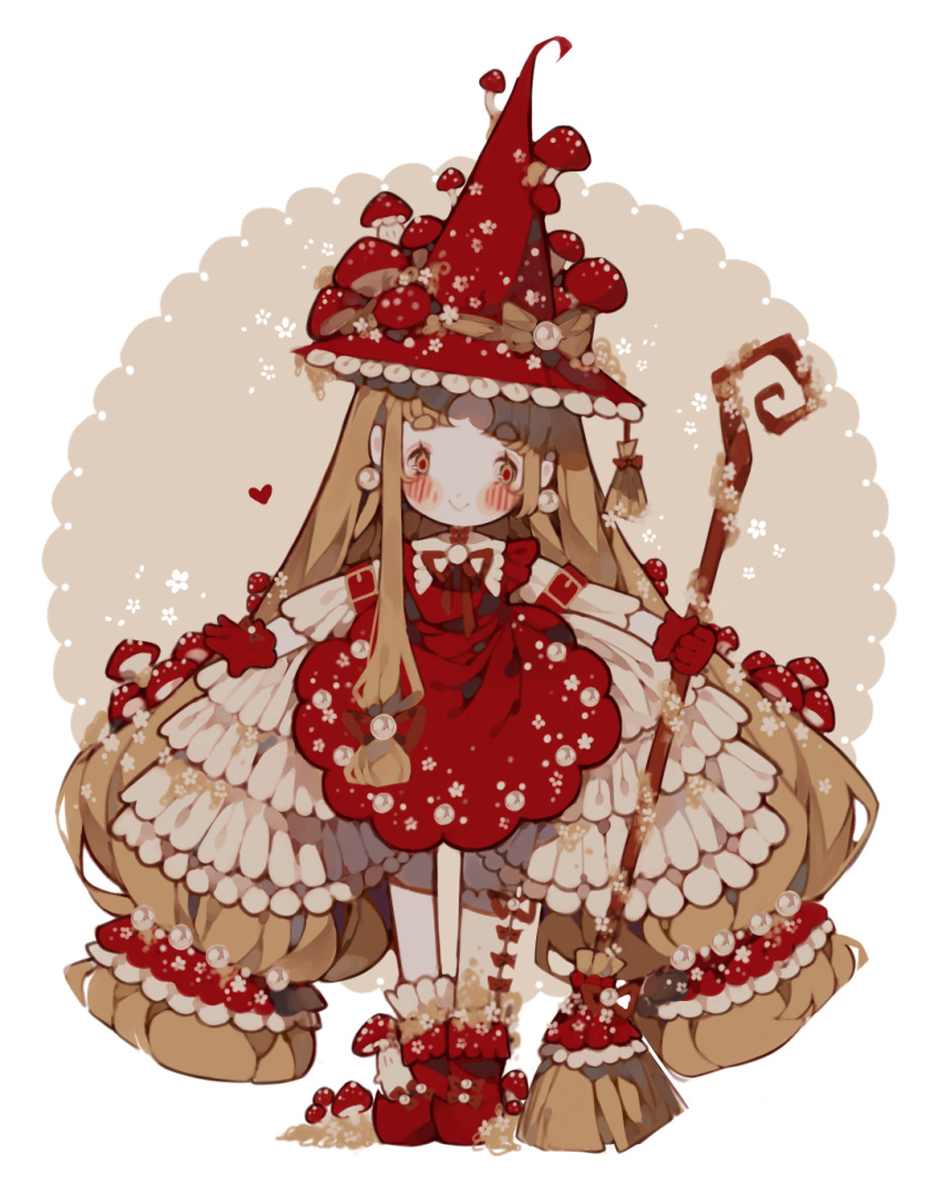 1girl absurdly_long_hair arm_belt belt belt_buckle blonde_hair blunt_bangs blunt_ends blush blush_stickers boots bow broom brown_bow brown_eyes buckle chibi circle closed_mouth collar collared_dress dress english_commentary eyelashes floral_print flower food-themed_hair_ornament frilled_collar frilled_dress frilled_gloves frilled_headwear frilled_sleeves frilled_socks frills gloves hair_ornament hat hat_bow hat_tassel heart highres holding holding_broom layered_dress layered_sleeves littlebluemuffin long_hair long_sleeves looking_at_viewer low_twintails mushroom mushroom_hair_ornament original parted_bangs pointy_footwear red_belt red_dress red_footwear red_gloves red_headwear red_pupils short_dress short_over_long_sleeves short_sleeves single_sidelock single_sock sleeves_past_elbows smile socks thick_eyebrows twintails very_long_hair white_background white_collar white_dress white_flower white_socks witch witch_hat