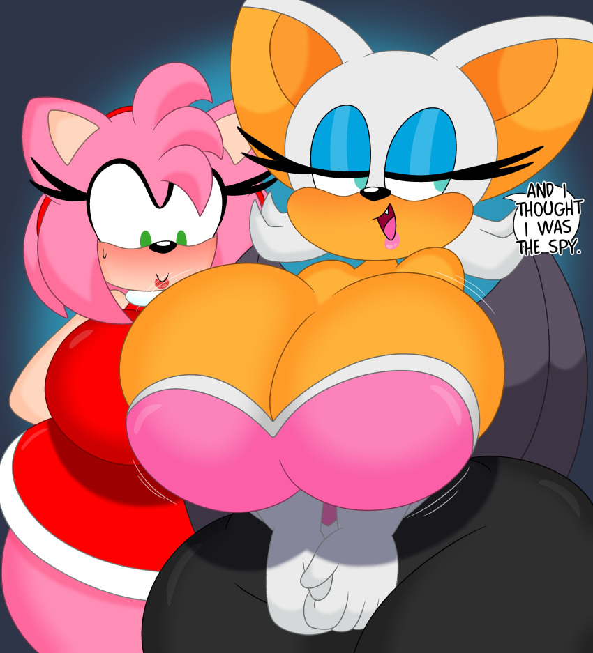 2023 3barts 4k abstract_background absurd_res accessory amy_rose anthro bat big_breasts blue_background blush bodily_fluids bodysuit bouncing_breasts breast_jiggle breast_squish breasts bulging_breasts cleavage cleavage_overflow clothed clothing curvaceous curvy_figure dialogue digital_drawing_(artwork) digital_media_(artwork) dress duo english_text eulipotyphlan eyelashes eyeshadow female fingers fur gloves green_eyes hair hair_accessory hairband hands_behind_back handwear hedgehog hi_res hourglass_figure huge_breasts jiggling looking_at_breasts makeup mammal motion_lines multicolored_body multicolored_fur open_mouth pink_body pink_fur pink_hair rouge_the_bat sega short_hair simple_background skinsuit small_waist smile sonic_the_hedgehog_(series) squish sweat tan_body tan_fur teal_eyes text thick_thighs tight_clothing tongue two_tone_body two_tone_fur voluptuous white_body white_fur white_hair wide_hips wings