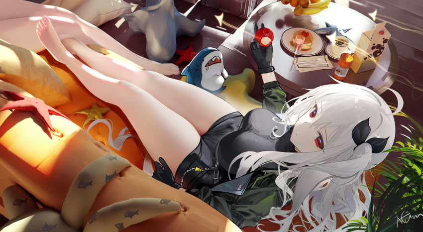 1girl apple arknights banana bare_legs bitten_apple black_gloves black_shirt black_shorts breasts carton couch cup expressionless feet food food_bite from_above fruit full_body gloves green_jacket holding holding_food holding_fruit ikea_shark indoors jacket legs looking_at_viewer medium_breasts mug omone_hokoma_agm open_clothes open_jacket orange_(fruit) pancake pancake_stack pillow plant plate red_eyes saucer shirt shorts side_ponytail skadi_(arknights) solo starfish stuffed_animal stuffed_shark stuffed_toy table white_hair wooden_floor