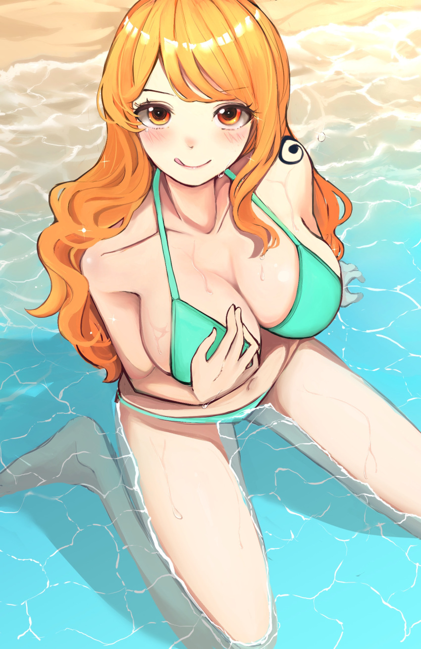 1girl beach bikini blush breasts cleavage collarbone green_bikini highres kasumi_6 large_breasts long_hair looking_at_viewer looking_up nami_(one_piece) navel one_piece orange_hair shallow_water shoulder_tattoo sitting smile solo string_bikini swimsuit tattoo tongue tongue_out very_long_hair wariza water water_drop