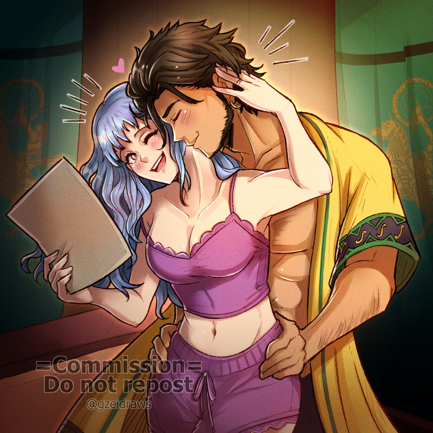 1boy 1girl beard blue_hair breasts brown_hair camisole claude_von_riegan cleavage closed_eyes commentary_request cowboy_shot crop_top facial_hair fire_emblem fire_emblem:_three_houses gzei highres holding indoors long_hair marianne_von_edmund medium_breasts midriff navel open_clothes open_shirt shirt short_sleeves spaghetti_strap standing stomach yellow_shirt