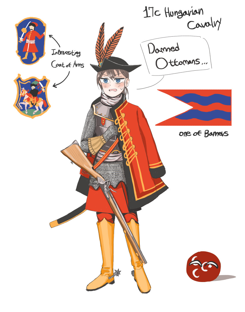 absurdres antique_firearm armor blue_eyes boots brown_hair chainmail coat_of_arms countryball cuirass english_text feather_hair_ornament feathers firelock flag flintlock gun hair_ornament highres hungary military military_uniform musket pelisse saber_(weapon) spurs sword turkey_(country) uniform user_kneh2877 weapon