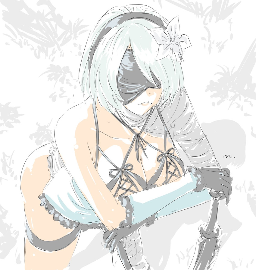 1girl 2b_(nier:automata) bandaged_arm bandaged_leg bandaged_neck bandages bare_shoulders black_blindfold blindfold braid breasts cleavage collarbone cosplay covered_eyes cross-laced_clothes detached_sleeves flower gloves hair_flower hair_ornament hairband highres kaine_(nier) kaine_(nier)_(cosplay) large_breasts mitsugu mole mole_under_mouth nier nier:automata nier_(series) panties parted_lips short_hair simple_background smile solo standing sword thigh_strap underwear weapon white_hair white_panties