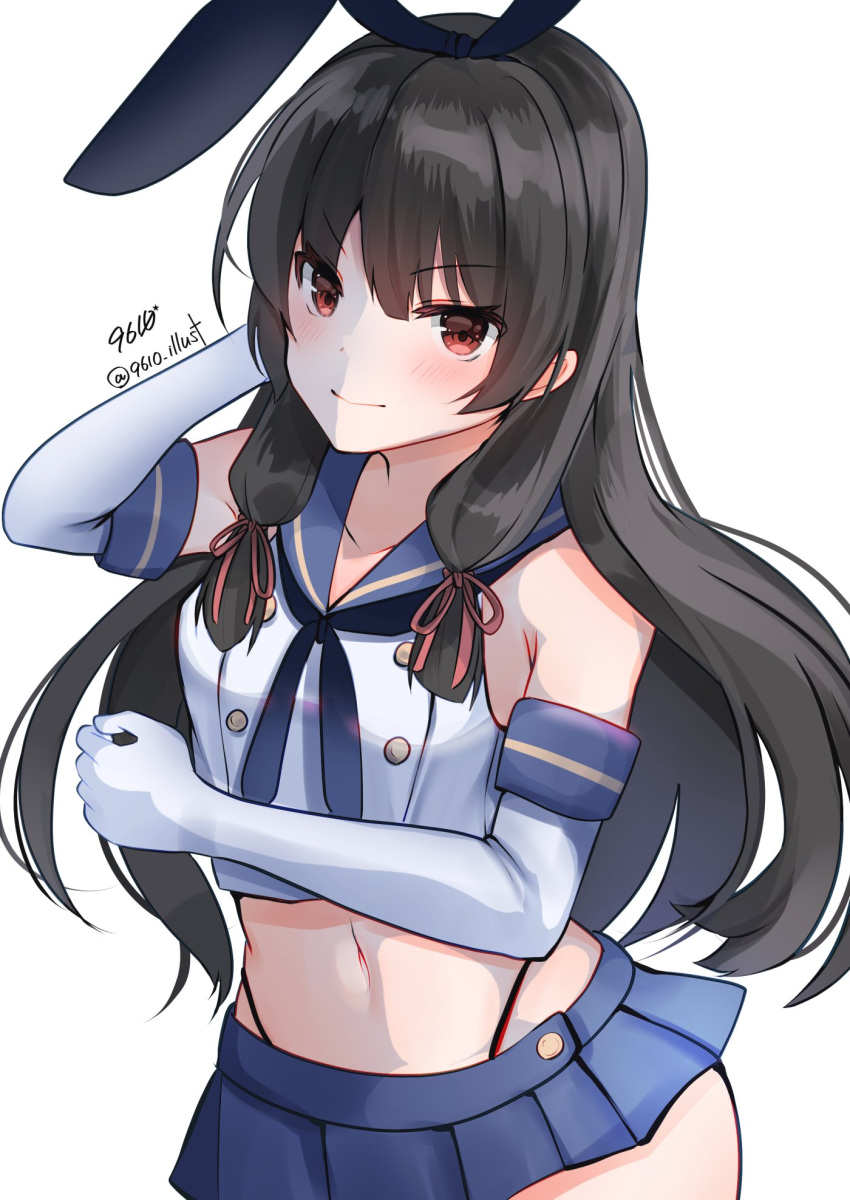 1girl artist_name black_hair black_hairband black_neckerchief black_panties blue_sailor_collar blue_skirt commentary_request cosplay cowboy_shot crop_top eiji_(monochromexd) elbow_gloves gloves hair_ribbon hairband highleg highleg_panties highres isokaze_(kancolle) kantai_collection long_hair microskirt neckerchief panties red_eyes ribbon sailor_collar shimakaze_(kancolle) shimakaze_(kancolle)_(cosplay) shirt skirt sleeveless sleeveless_shirt solo tress_ribbon twitter_username underwear white_gloves