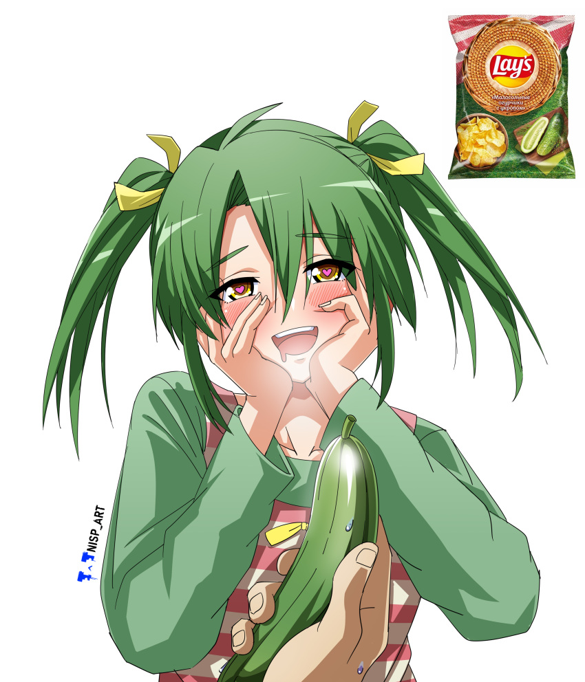 1girl :d absurdres arms_up artist_logo artist_name blush brown_eyes chips_(food) collarbone commentary cucumber drooling food green_hair green_shirt hair_between_eyes hands_on_own_cheeks hands_on_own_face heart heart-shaped_pupils heavy_breathing highres holding holding_food lay's_(potato_chips) long_sleeves looking_at_viewer medium_hair mouth_drool nisp_art open_mouth original parted_bangs personification pink_vest potato_chips pov pov_hands ribbon russian_commentary shirt short_twintails simple_background smile solo_focus symbol-shaped_pupils teeth twintails upper_body upper_teeth_only vest white_background yellow_ribbon