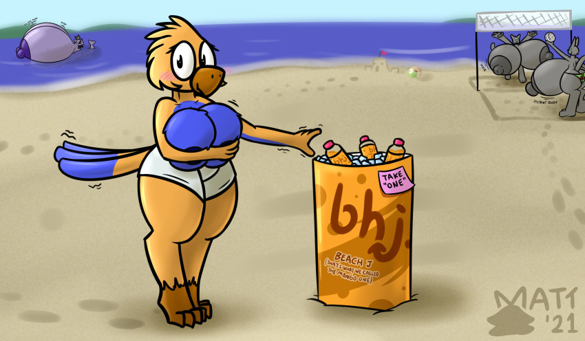 2021 absurd_res anthro avian background_character beverage big_breasts bird blue_body blue_feathers blush bottomwear breasts clothed clothing covering covering_breasts covering_self detailed_background english_text feathers female hi_res huge_breasts hyper hyper_breasts mattthetooncat nervous_expression nude_beach shaking shy signature solo_focus sound_effects standing tail_feathers talons text topless topless_female wide_hips yellow_body yellow_feathers