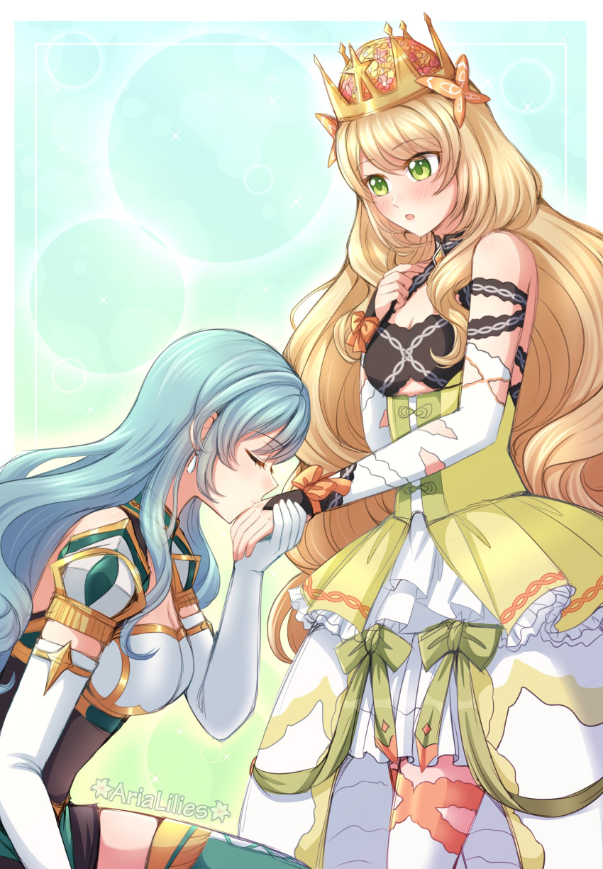 2girls absurdres armor banned_artist bare_shoulders blonde_hair blue_hair celine_(fire_emblem) chloe_(fire_emblem) crown dress earrings elbow_gloves fire_emblem fire_emblem_engage frilled_dress frills gloves green_eyes hair_ornament highres jewelry kiss kissing_hand lewdlilies long_hair multiple_girls ribbon thighhighs white_gloves