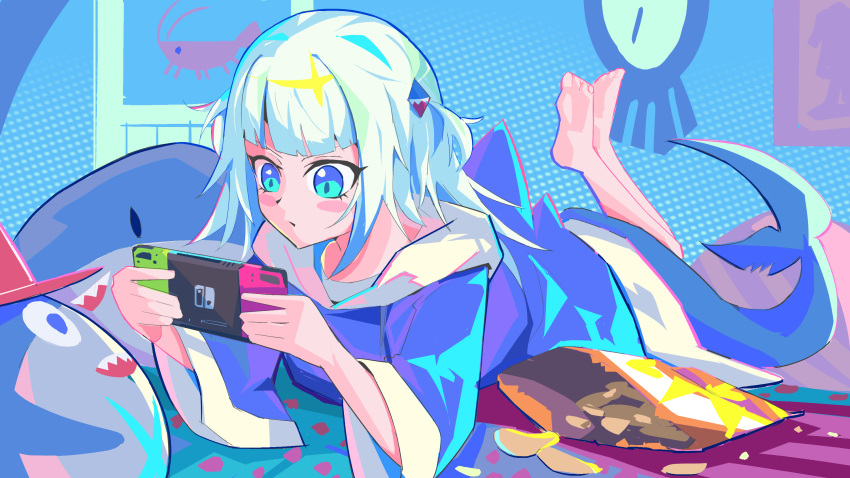 1girl barefoot bloop_(gawr_gura) blue_background blue_eyes blue_hair blue_hoodie blush chips_(food) closed_mouth commentary ebi-chan_(gawr_gura) eyelashes feet feet_up fins fish_tail food full_body gawr_gura gawr_gura_(1st_costume) grey_hair hair_ornament handheld_game_console highres holding hololive hololive_english hood hoodie indoors long_hair lying multicolored_hair nintendo_switch on_stomach oversized_clothes potato_chips shadow shark_hair_ornament shark_tail soles solo streaked_hair stuffed_animal stuffed_toy tail the_pose toes two_side_up virtual_youtuber zb_relic