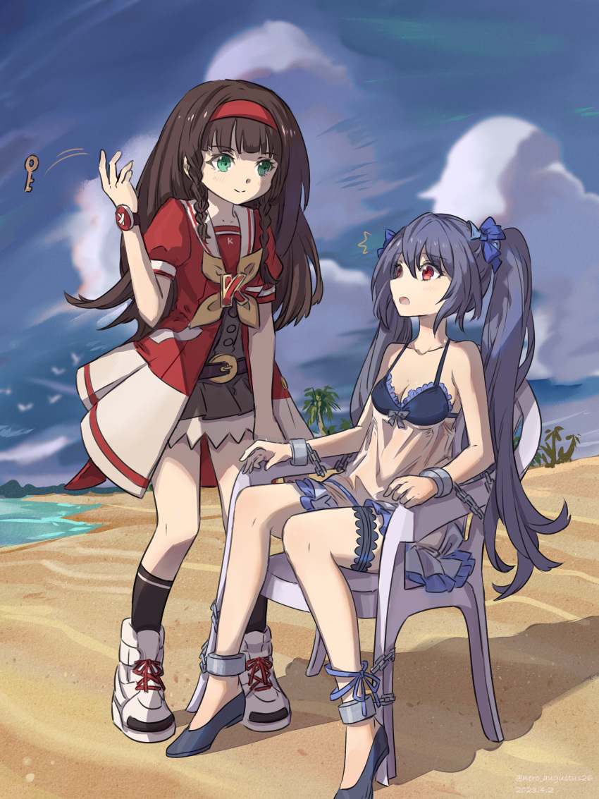 2girls absurdres bdsm beach beach_chair black_hair blush bondage bound braid breasts cuffs full_body green_eyes hair_ribbon hairband highres holding k-sha long_hair looking_at_another medium_breasts multiple_girls neptune_(series) nero_augustus noire_(neptune_series) outdoors red_eyes restrained ribbon shackles shin_jigen_game_neptune_vii short_sleeves sitting twin_braids twintails very_long_hair