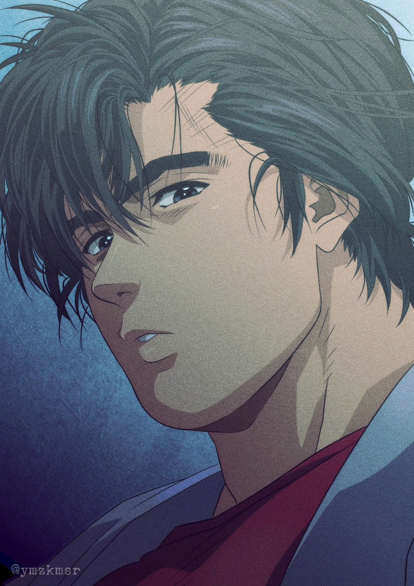 1boy absurdres black_eyes black_hair blue_background blue_jacket city_hunter eyebrow_cut hair_between_eyes highres jacket looking_at_viewer male_focus muscular muscular_male parted_lips portrait red_shirt saeba_ryou shirt short_hair upper_body yuu_(masarunomori)