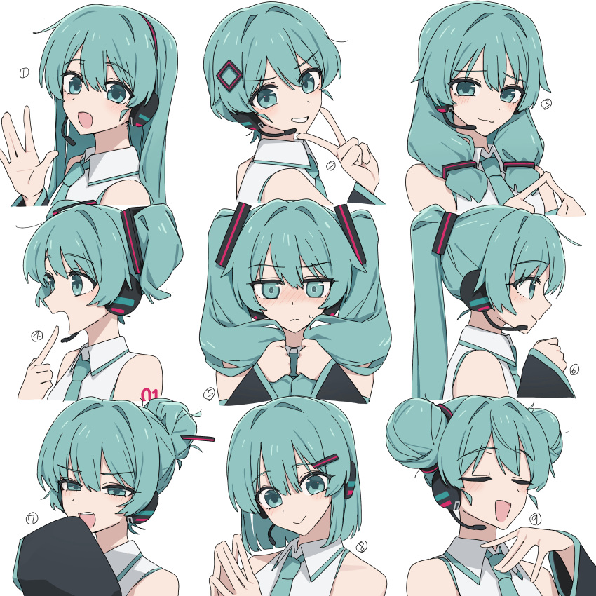 1girl absurdres black_sleeves blue_eyes blue_hair blue_necktie bob_cut detached_sleeves double_bun embarrassed from_side hair_bun hatsune_miku headset highres long_hair looking_at_viewer multiple_views necktie shirt short_hair sleeveless sleeveless_shirt smile solo tanosii_chan v vocaloid white_background white_shirt