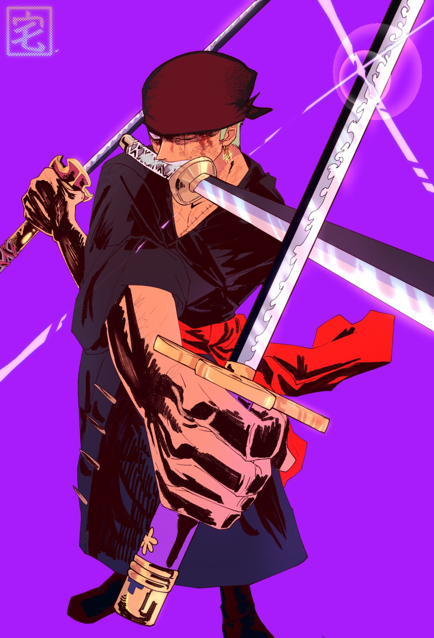 1boy bandana black_bandana blood blood_on_face earrings green_hair highres holding japanese_clothes jewelry looking_at_viewer male_focus one_piece purple_background roronoa_zoro scar scar_across_eye scar_on_chest short_hair signature solo straw_hat_pirates sword taku_(aywakutakuay) triple_wielding weapon