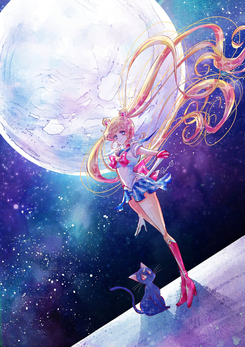 animal bishoujo_senshi_sailor_moon black_cat blonde_hair blue_eyes blue_sailor_collar blue_skirt boots bow cat double_bun elbow_gloves full_moon gloves hair_bun hair_ornament hand_on_own_hip high_heel_boots high_heels highres long_hair looking_at_viewer luna_(sailor_moon) miniskirt moon outdoors parted_bangs pleated_skirt punano red_bow red_eyes red_footwear sailor_collar sailor_moon sailor_senshi_uniform shirt signature skirt sparkle tiara tsukino_usagi twintails very_long_hair white_shirt