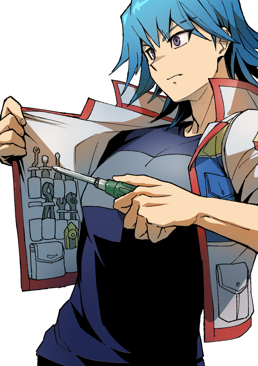 1boy absurdres blue_hair blue_shirt boxcutter bruno_(yu-gi-oh!) frown high_collar highres holding holding_screwdriver holding_tool jacket light_frown looking_to_the_side male_focus open_clothes open_jacket pocket pointing pointing_to_the_side purple_eyes screwdriver serious shirt short_hair simple_background solo t-shirt tools upper_body utility_vest white_background white_jacket wrench youko-shima yu-gi-oh! yu-gi-oh!_5d's