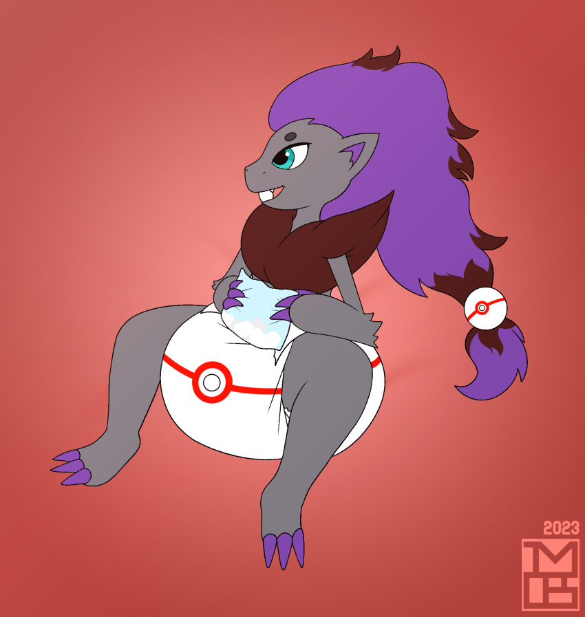 2023 anthro biped blue_eyes candy claws clean_diaper clothed clothing dessert diaper diaper_only fan_character food front_view fur generation_5_pokemon grey_body grey_fur hair hi_res imces male marshmallow mostly_nude nintendo object_in_mouth pokeball pokeball_diaper pokemon pokemon_(species) premier_ball purple_claws purple_hair red_background shiny_pokemon simple_background sitting solo topless wearing_diaper zor_(nya4) zoroark