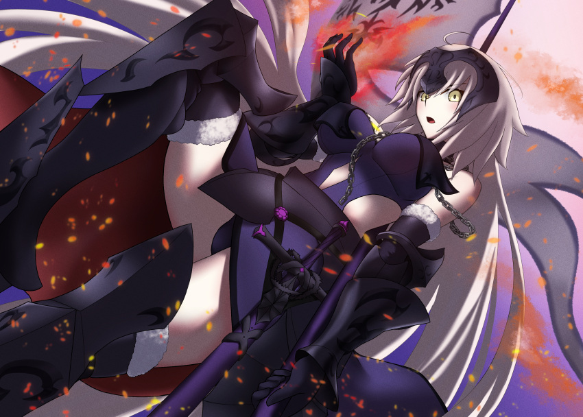 1girl :o absurdres ahoge armored_boots battle_standard belt boots breasts chain cowter elbow_gloves fate/grand_order fate_(series) fire flame from_below fur_trim gloves headpiece highres jeanne_d'arc_alter_(avenger)_(fate) jeanne_d'arc_alter_(fate) large_breasts long_hair looking_at_viewer looking_down pale_skin shidou_(x_2903) solo sword vambraces weapon white_hair wind yellow_eyes
