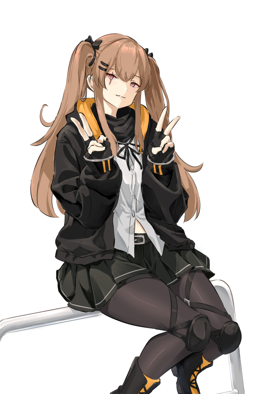 1girl :3 black_footwear black_gloves black_jacket black_pantyhose black_ribbon black_skirt boots brown_hair closed_mouth commentary double_v fingerless_gloves foot_out_of_frame girls'_frontline gloves hair_between_eyes hair_ornament hair_ribbon hairclip half-closed_eyes highres jacket knee_pads long_hair looking_at_viewer midriff_peek mutugorou_u neck_ribbon pantyhose pleated_skirt red_eyes ribbon scar scar_across_eye scar_on_face shirt simple_background sitting sitting_on_railing skirt smile solo twintails ump9_(girls'_frontline) v white_background white_shirt