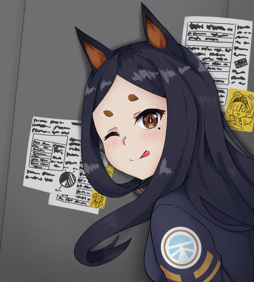 1girl :q animal_ears arknights black_hair brown_eyes commentary dobermann_(arknights) dog_ears dog_girl english_commentary from_side highres long_sleeves looking_at_viewer mole mole_under_eye one_eye_closed paper parted_bangs short_eyebrows shura_(shura_cs) smile solo thick_eyebrows tongue tongue_out uniform upper_body