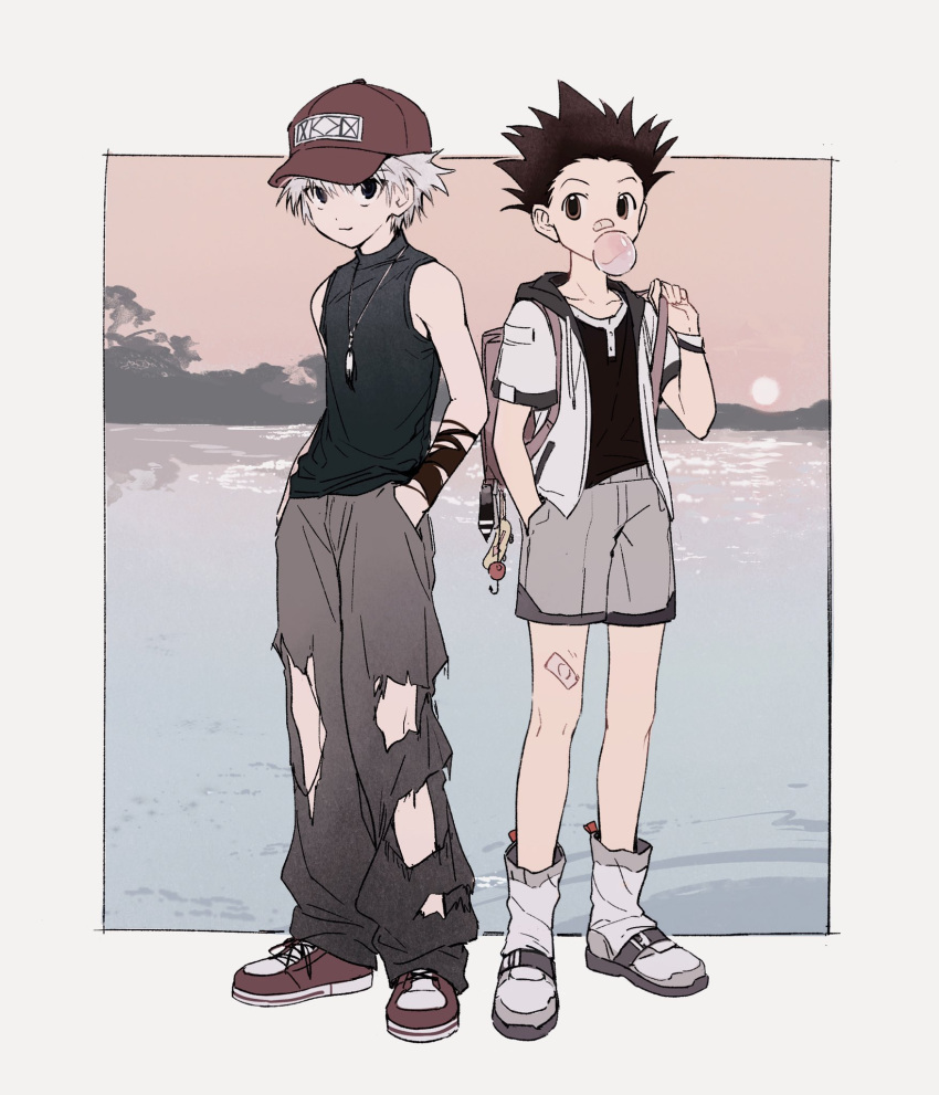 2boys backpack bag bandaid bandaid_on_face bandaid_on_leg bandaid_on_nose baseball_cap black_eyes black_hair black_pants bubble_blowing closed_mouth full_body gon_freecss grey_hair grey_shorts hand_in_pocket hat highres hunter_x_hunter jewelry kiko killua_zoldyck male_focus multiple_boys necklace pants red_headwear shirt shoes short_sleeves shorts sleeveless spiked_hair standing torn_clothes torn_pants