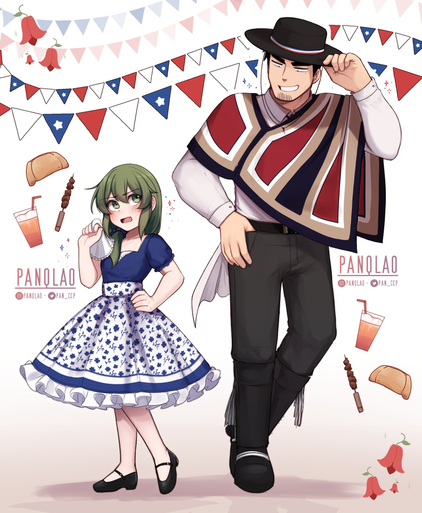 1boy 1girl absurdres belt black_hair blush chilean_flag collared_shirt dress facial_hair frills goatee green_eyes green_hair handkerchief hat highres igarashi_futaba_(shiromanta) mary_janes medium_hair panqlao pants poncho puffy_short_sleeves puffy_sleeves senpai_ga_uzai_kouhai_no_hanashi shirt shoes short_hair short_sleeves smile sombrero stubble takeda_harumi_(shiromanta) thick_eyebrows