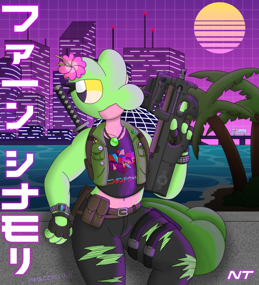 anthro beach belly bottomwear bracelet city city_background cityscape clock clothed clothing crop_top denim denim_clothing eyelashes female fern_shinamori fingerless_gloves generation_3_pokemon gloves graffiti graphic_tee green_body gun handwear head_flower hi_res holding_gun holding_object holding_weapon holster japanese_text jeans jewelry katakana katana leaning_on_object leaning_on_wall melee_weapon multi_tail necklace ninjatreecko nintendo nintendo_64 open_clothing open_topwear open_vest outside palm_tree pants pink_belly plant pokemon pokemon_(species) pokemorph ranged_weapon reptile scalie seaside shirt smile solo standing submachine_gun sun sword synthwave tail tank_top text topwear torn_bottomwear torn_clothing torn_jeans torn_pants tree treecko trigger_discipline vaporwave vest watch water weapon weapon_on_back yellow_eyes