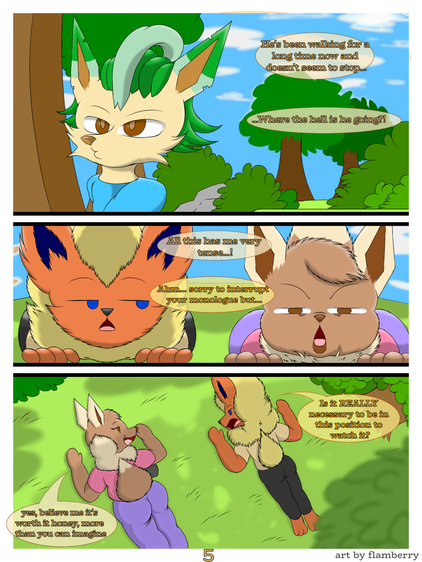 3:4 absurd_res anthro big_breasts breasts brown_body brown_eyes brown_fur canid canine canis clothed clothing comic digital_drawing_(artwork) digital_media_(artwork) domestic_dog duo eevee eeveelution elizabeth_venizee english_text female flamberry_(artist) flareon franklin_flare fur generation_1_pokemon generation_2_pokemon generation_4_pokemon hair hi_res leafeon lyennan_venizee_flare_(flamberry) male mammal nintendo open_mouth orange_body orange_fur pokemon pokemon_(species) smile spying text yellow_body yellow_fur