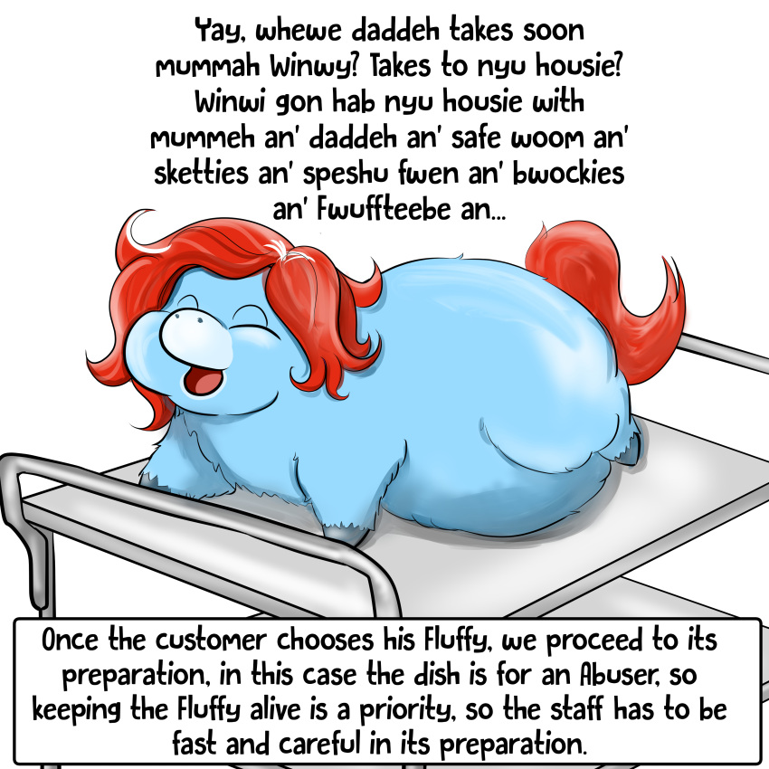 absurd_res blue_body blue_fur dialogue english_text female feral fluffy_pony fur furniture hair hi_res imminent_vore impending_abuse inshi red_hair rolling_table simple_background solo table text white_background