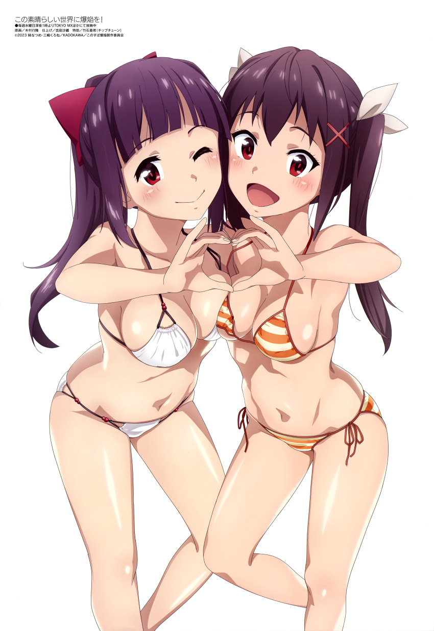 2girls :d ;d absurdres arm_behind_back ass bare_shoulders bent_over bikini black_hair blunt_bangs blush bow breast_press breasts brown_hair cleavage closed_mouth collarbone dodonko_(konosuba) eyelashes feet_out_of_frame foot_up funifura hair_between_eyes hair_bow hair_ornament hair_ribbon hand_on_another's_hand heart heart_hands highres kimura_yukitaka kono_subarashii_sekai_ni_bakuen_wo! kono_subarashii_sekai_ni_shukufuku_wo! leaning_forward long_hair looking_at_viewer magazine_scan medium_breasts megami_magazine multiple_girls navel official_art one_eye_closed open_mouth orange_bikini ponytail red_bow red_eyes red_pupils red_ribbon ribbon scan side-by-side side-tie_bikini_bottom simple_background skindentation smile standing string_bikini striped striped_bikini swimsuit twintails underboob white_background white_bikini white_ribbon x_hair_ornament yellow_bikini
