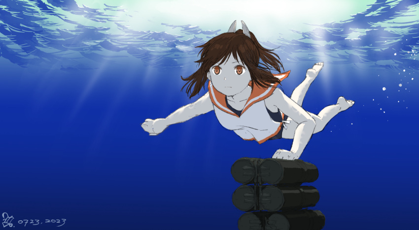 1girl artist_logo barefoot blue_one-piece_swimsuit brown_eyes brown_hair curvadosdunas dated depth_charge hair_ornament highres i-401_(kancolle) kantai_collection one-piece_swimsuit orange_sailor_collar ponytail sailor_collar school_swimsuit shirt short_hair side-tie_shirt sleeveless sleeveless_shirt solo swimming swimsuit swimsuit_under_clothes underwater