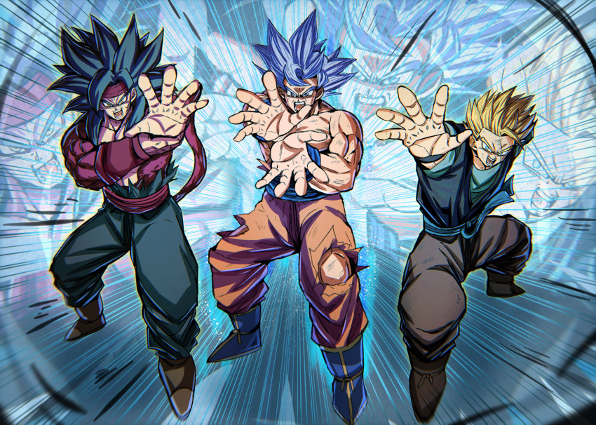 3boys absurdres aged_up bandana bardock blue_footwear brown_footwear chiro_illust commentary commentary_request dougi dragon_ball family father_and_son highres kamehameha_(dragon_ball) multiple_boys muscular muscular_male open_mouth parent_and_child red_fur red_tail son_gohan son_gohan_(future) son_goku spiked_hair super_saiyan super_saiyan_4 tail torn torn_clothes ultra_instinct