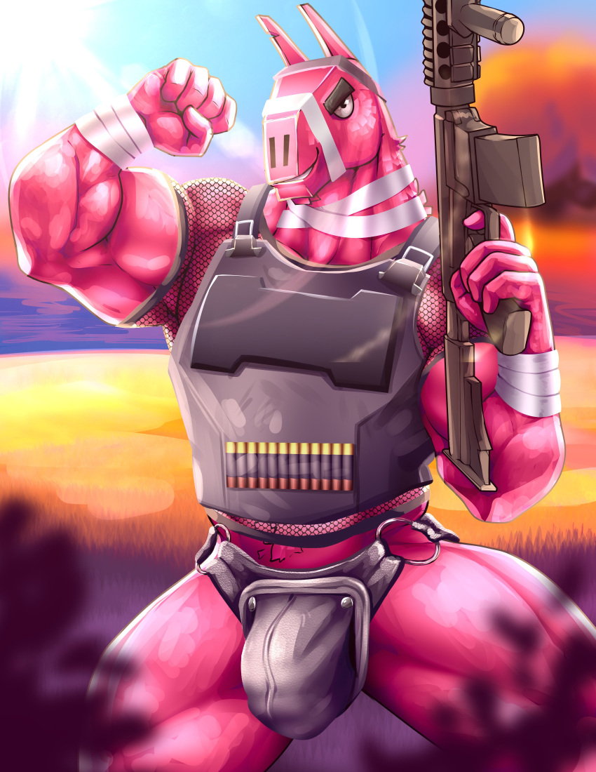 2023 5_fingers absurd_res anthro armor bandage big_muscles bulge camelid clothing epic_games fingers fishnet fishnet_clothing fishnet_topwear fist flexing fortnite grin gun hi_res holding_gun holding_object holding_ranged_weapon holding_weapon huge_muscles llama lt._john_llama male mammal muscular muscular_anthro muscular_male pink_body ranged_weapon romhowler smile solo teeth topwear underwear vest weapon