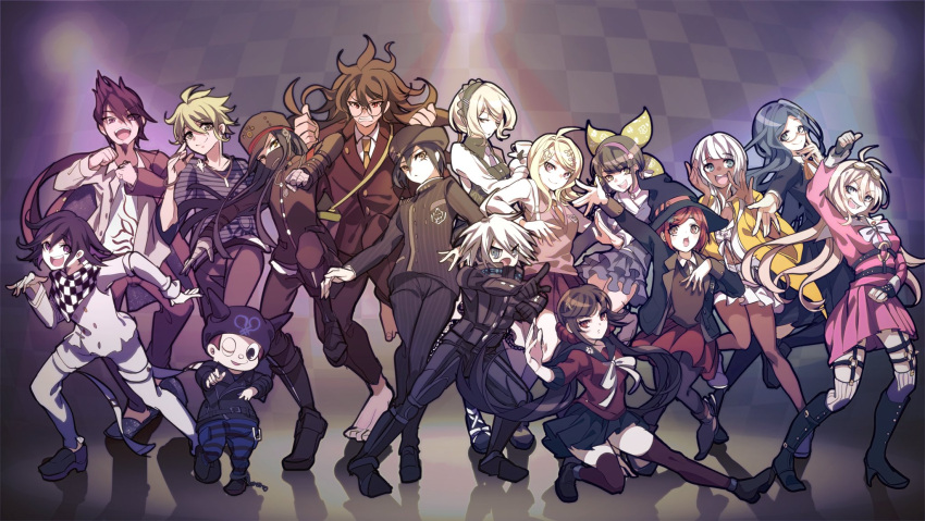 6+boys 6+girls :d ;d ahoge akamatsu_kaede amami_rantaro antenna_hair apron arm_up barefoot bikini black_apron black_footwear black_gloves black_hair black_headwear black_jacket black_pants black_pantyhose black_sailor_collar blonde_hair blue_hair blue_pants blue_skirt blush boots bow bowtie breasts brown_hair brown_jacket brown_pants brown_vest buttons chabashira_tenko clenched_hands collared_shirt cup danganronpa_(series) danganronpa_v3:_killing_harmony dark-skinned_female dark_skin double-breasted dress dress_shirt everyone fingerless_gloves full_body glasses gloves goggles goggles_on_head gokuhara_gonta green_hair grey_background grey_eyes grey_hair grey_jacket grey_pants grey_shirt hair_ornament hair_scrunchie hairband hands_up harukawa_maki hat highres holding holding_cup hoshi_ryoma iruma_miu jacket jewelry k1-b0 knee_boots lace-trimmed_dress lace_trim layered_skirt long_hair long_sleeves looking_at_viewer maid miniskirt mole mole_under_eye momota_kaito multiple_boys multiple_girls musical_note musical_note_hair_ornament neck_ribbon necklace necktie nota_sayaka o-ring oma_kokichi one_eye_closed open_clothes open_jacket open_mouth open_shirt orange_ribbon pants pantyhose pink_hairband pink_shirt pink_skirt pink_sweater_vest pink_vest pleated_skirt power_armor print_shirt purple_footwear red_hair red_scrunchie ribbon saihara_shuichi sailor_collar scrunchie shinguji_korekiyo shirogane_tsumugi shirt short_hair skirt smile spiked_hair spiked_hat standing striped striped_jacket striped_pants sweater_vest swimsuit teeth tojo_kirumi two-tone_shirt upper_teeth_only vest white_bikini white_sailor_collar white_shirt white_skirt witch_hat yonaga_angie yumeno_himiko