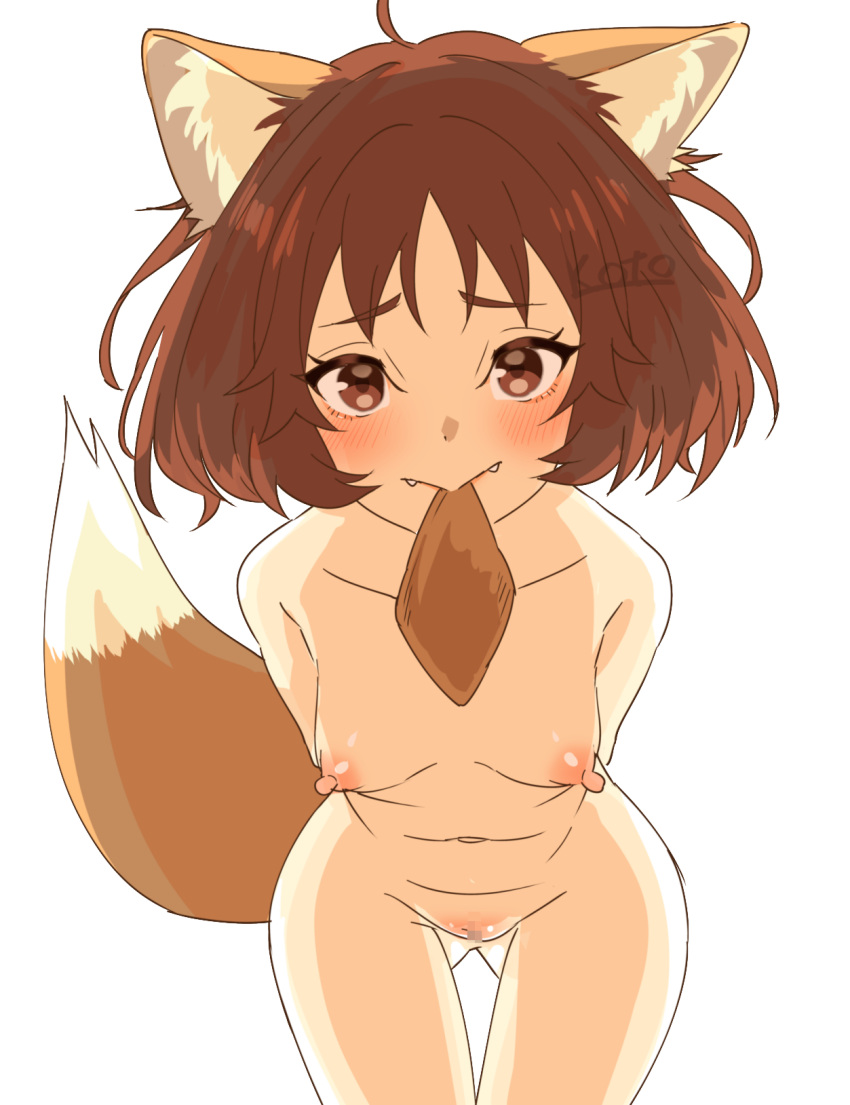 1girl aburaage ahoge animal_ear_fluff animal_ears arms_behind_back arms_behind_head artist_name ass_visible_through_thighs bent_over blush bob_cut breasts brown_eyes brown_hair brown_tail censored closed_mouth collarbone commentary commission completely_nude don_gitsune eyelashes fake_animal_ears fangs food food_in_mouth fox_ears fox_girl fox_tail groin handkerchief highres leaning_forward looking_at_viewer messy_hair mosaic_censoring mouth_hold navel nipples nissin nude pussy raised_eyebrows short_hair signature simple_background small_breasts smile solo standing straight-on tail tail_raised tofu toko_(tenerezza666) v_arms white_background